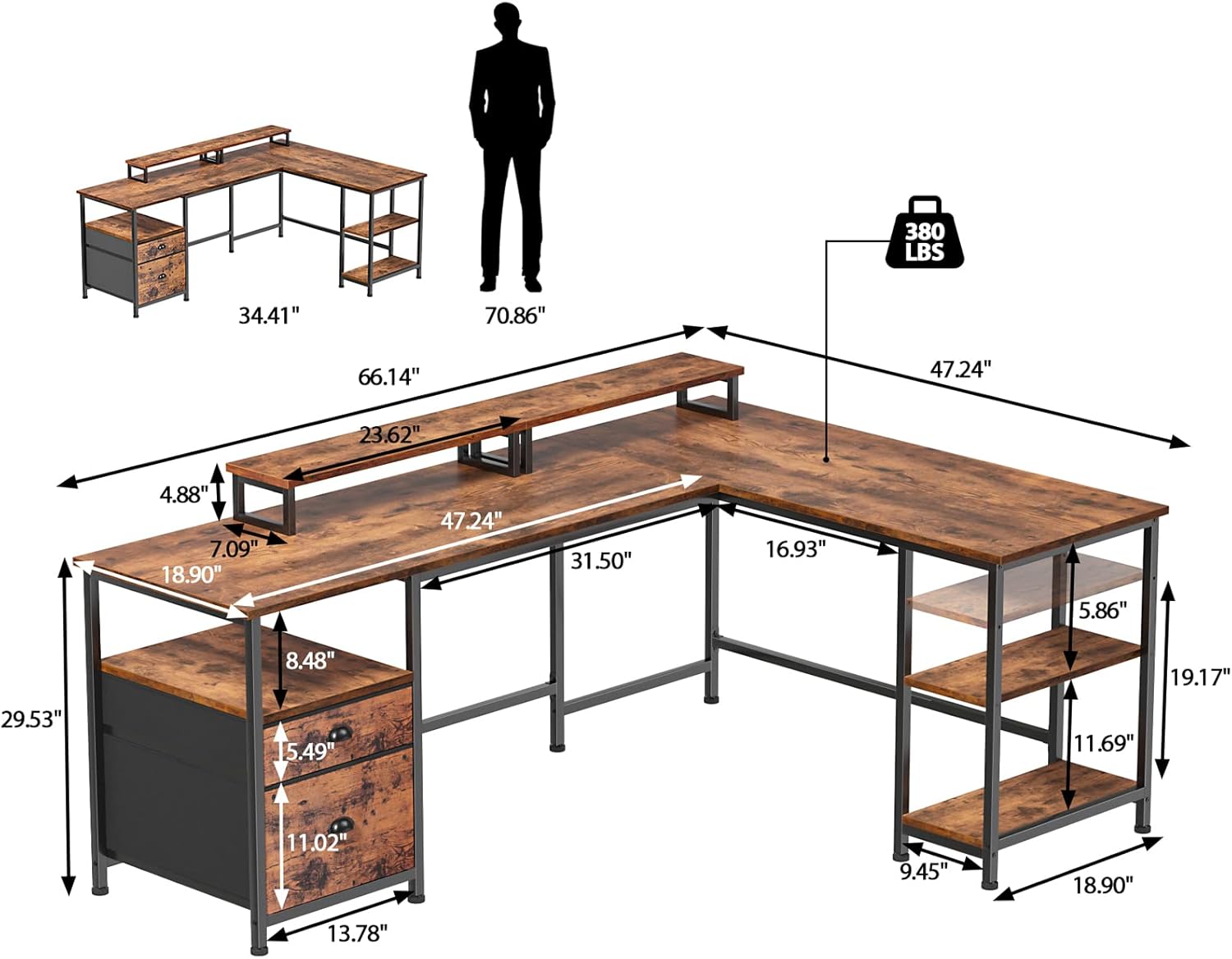 Furologee 66" L Shaped Computer Desk and Nightstand, Corner Gaming Desk with File Drawer and Dual Monitor Stand, End Table with Charging Station and Drawers, for Home/Office
