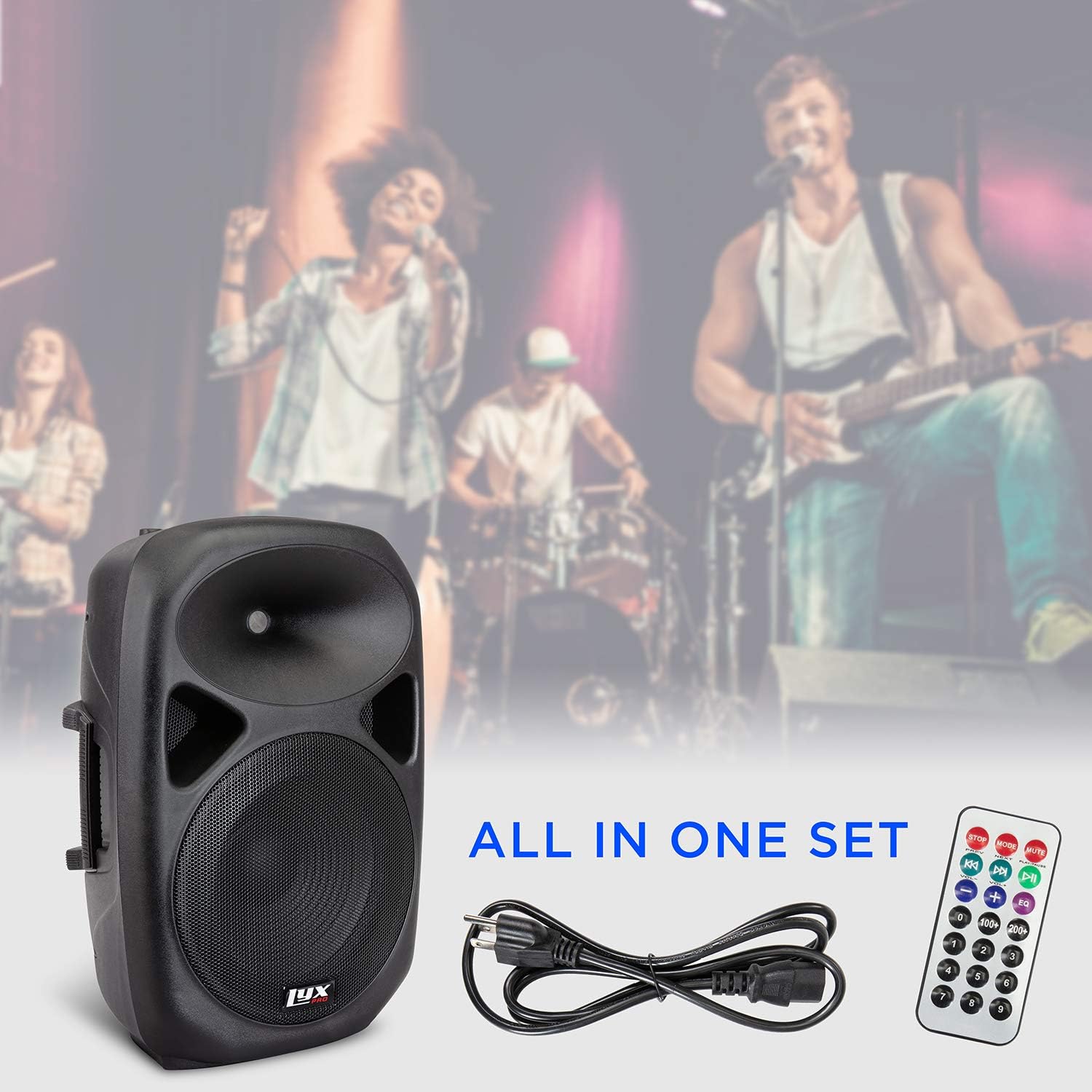 LyxPro SPA15 15 Portable PA Speaker System With Metal Tripod Stand Combo Kit Power Active Power Amplifier Equalizer Bluetooth SD Slot USB MP3 XLR 1/4 1/8 3.5mm Inputs Remote Control Carry Handles