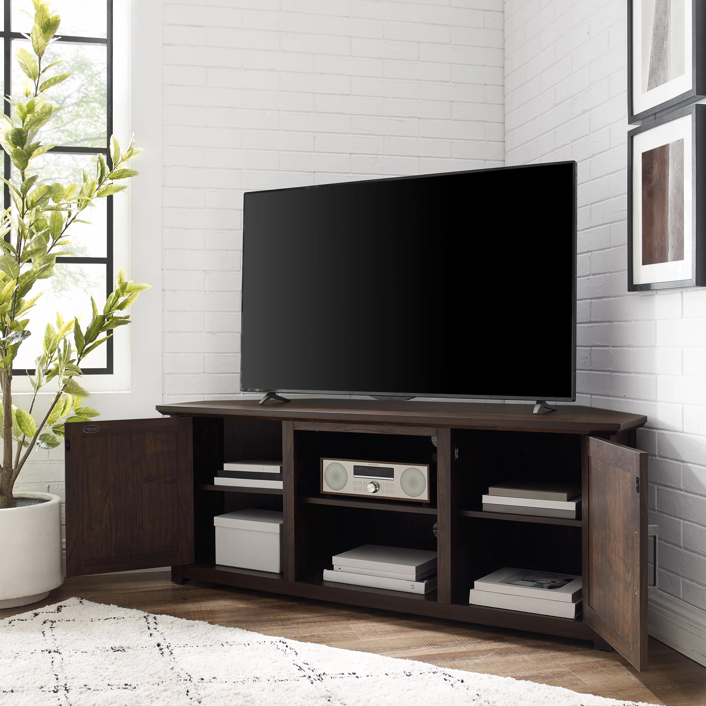 Crosley Furniture Camden 58"Rustic Wood Corner TV Stand in Dark Walnut