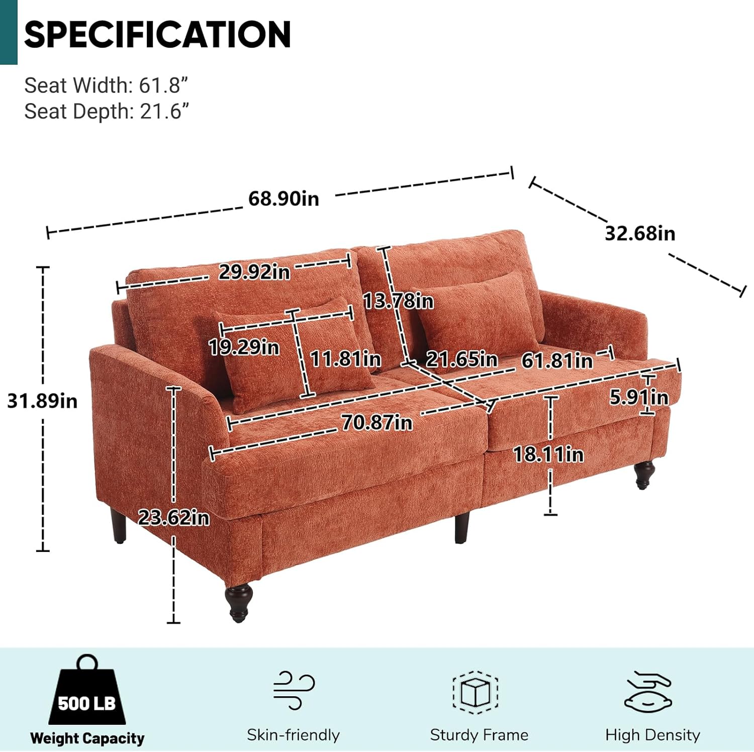 JOYBASE 70 inch Loveseat Sofa, Mid-Century Modern Love Seat Couch with Wood Legs, Upholstered Comfy Sofa for Living Room, Apartment, Office, Bedroom (Burnt Orange, Chenille)