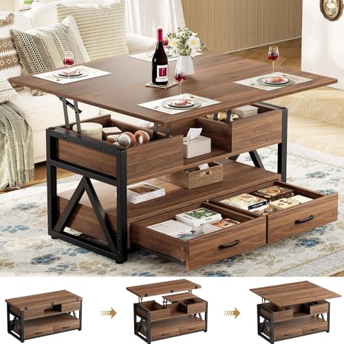 40" Lift Top Coffee Table,4 in 1 Multi-Function Lift Coffee Tables with Storage Drawers and Hidden Compartmen,Farmhouse Coffee Table with Lifting top for Living Room,Black