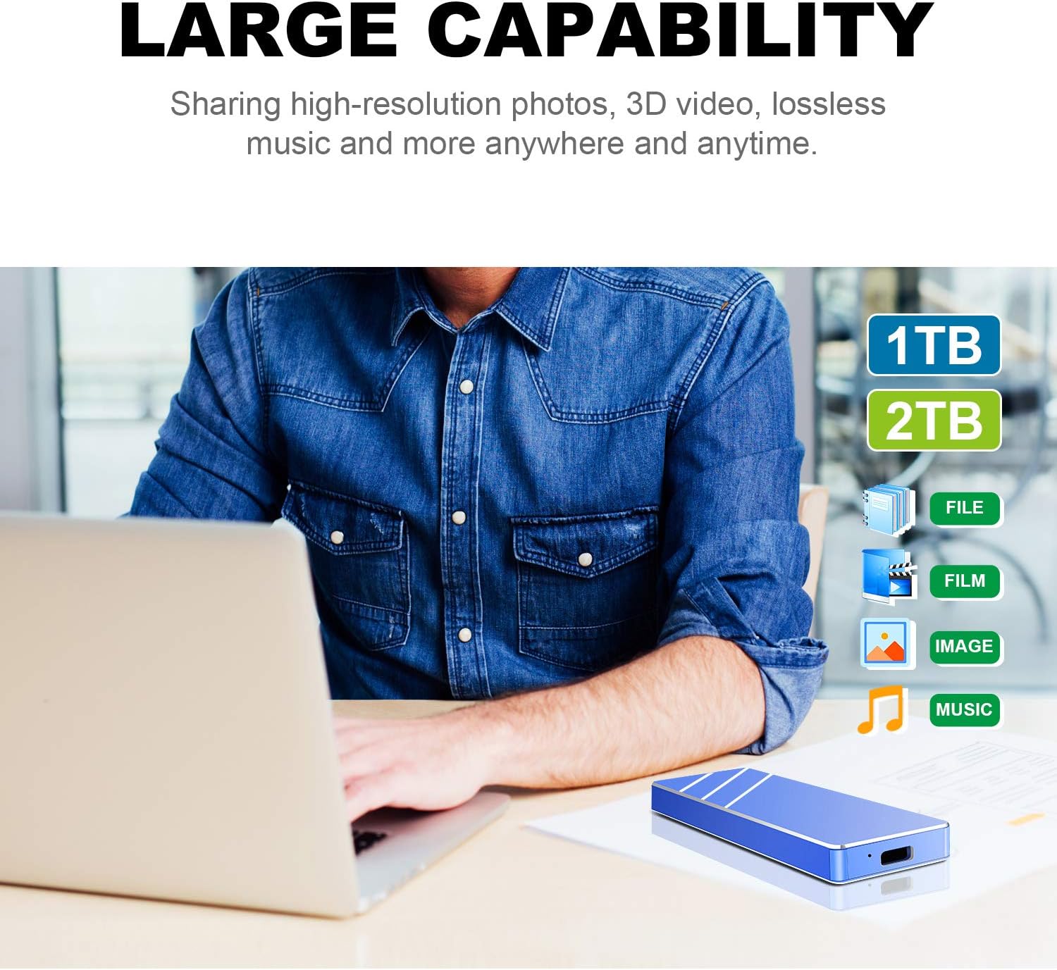 External Hard Drive, Portable Hard Drive External 1TB 2TB Sturdy Storage HDD Compatible with PC, Laptop and Mac (2TB, Black)