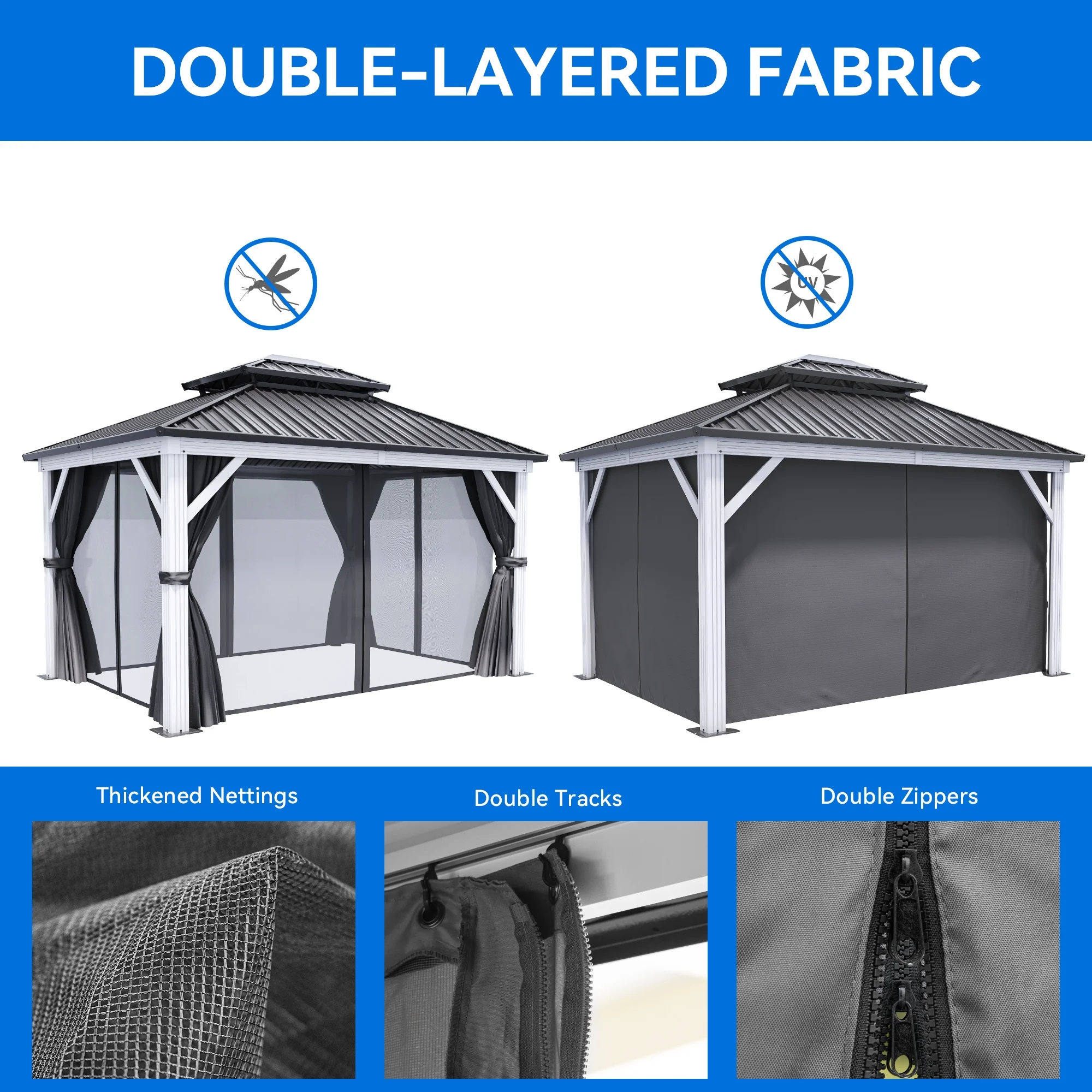 Dextrus 10x12ft Double Roof Hardtop Gazebo with Netting&Curtains, Double Galvanized Iron Aluminum Frame Outdoor White Gazebo,Ideal for Patio, Backyard,Deck and Lawns,Grey Curtain