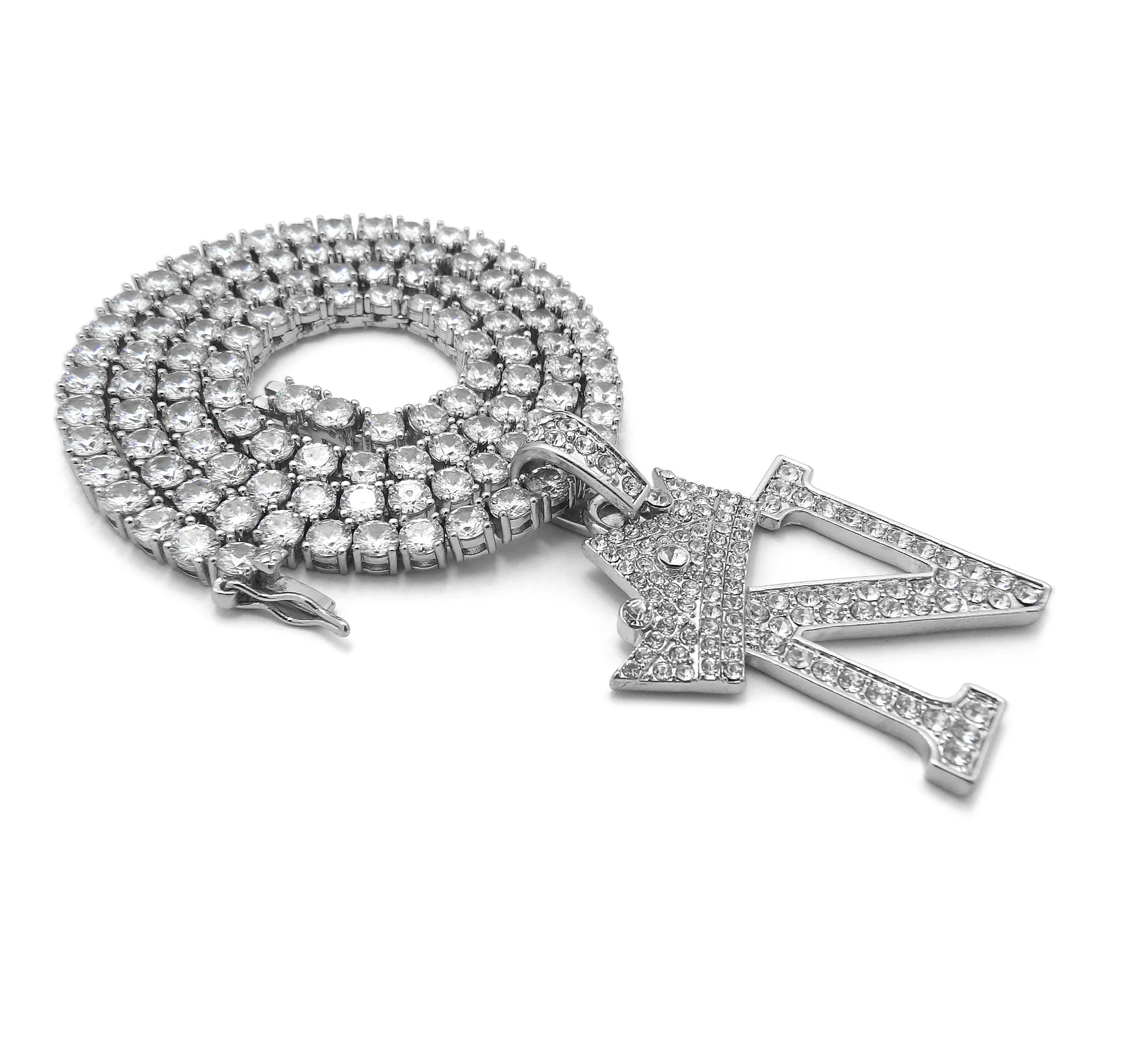 Iced Out Crown Initial Letter Pendant 4mm/18",20" Ice CZ Tennis Chain Hip Hop Necklace ( Silver N 20" )