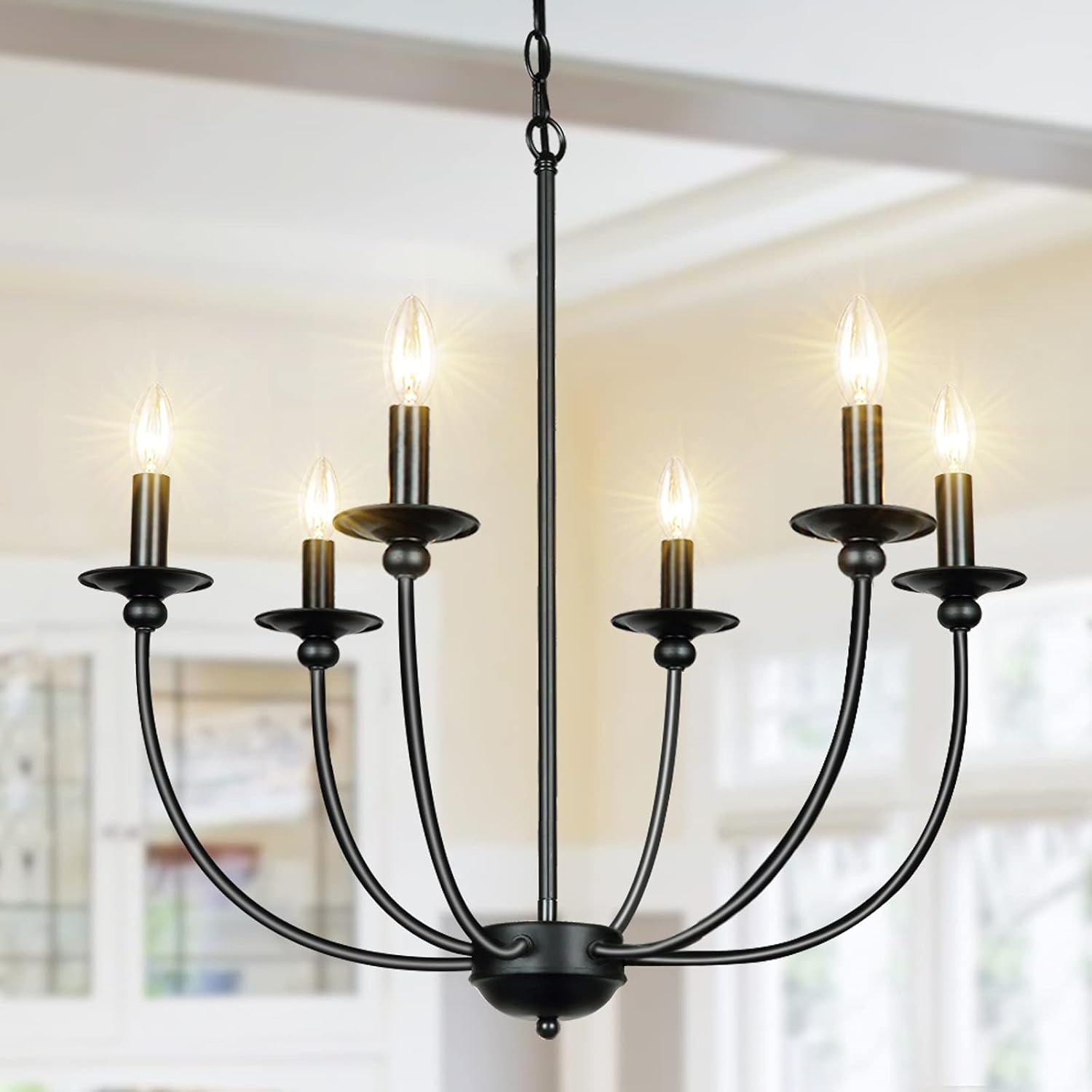 Derksic Black Farmhouse Chandelier 6-Light Wrought Iron Chandelier Rustic Candle Ceiling Pendant Light Fixture for Dining Room Kitchen Island Living Room Foyer Bedroom Entryway