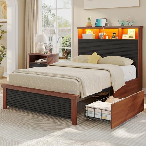 VIAGDO Wood Bed Frame Full Size with 4 Storage Drawers and Charging Station, Fluted Led Full Bed Frame with 2 Tier Storage Headboard, No Box Spring Needed,Wood
