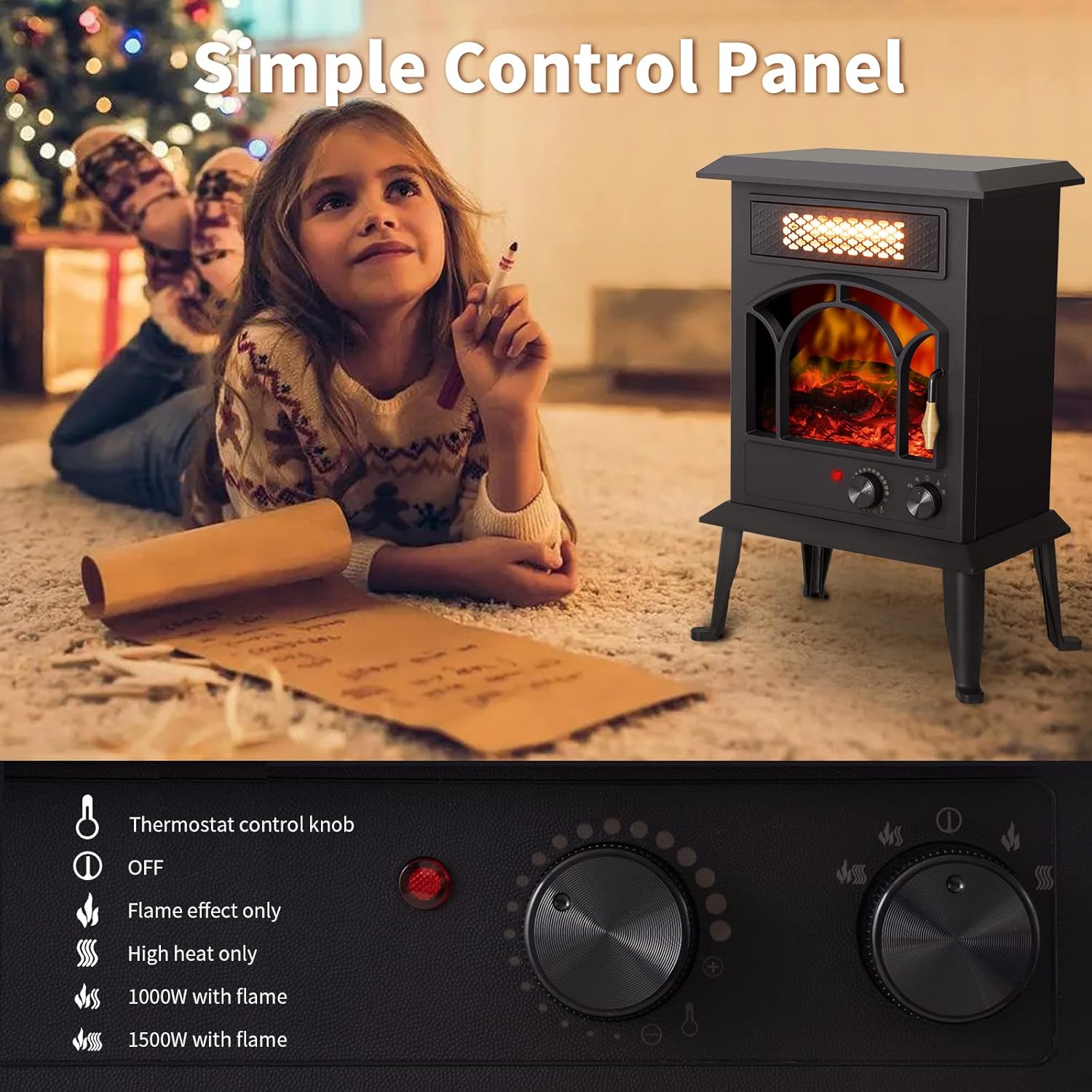Standing Electric Fireplace Heater – 1500W Portable Infrared Stove with Realistic Flame Effects, 2 Heat Settings, Cool-Touch Exterior, Overheat Safety Shutoff