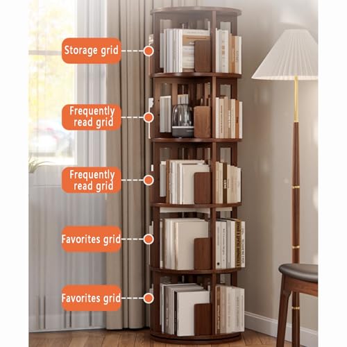 Solid Wood rotating bookshelf tower 4/5/6 vertical corner bookshelf tower 360° Floor Standing Bookcase Storage Rack Bookshelve Storage Display Rack for Living Room Study Room Office(Cherry wood,46*46*