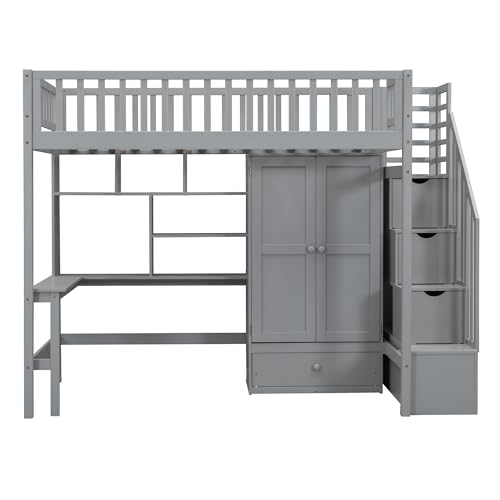 Full Size Loft Bed with Wardrobe Desk Storage Stairs, Wood Loft Bed Frame with Bookcase and Drawers, High Loft Bedframe for Kids Teens Adults, No Box Spring Needed, Espresso