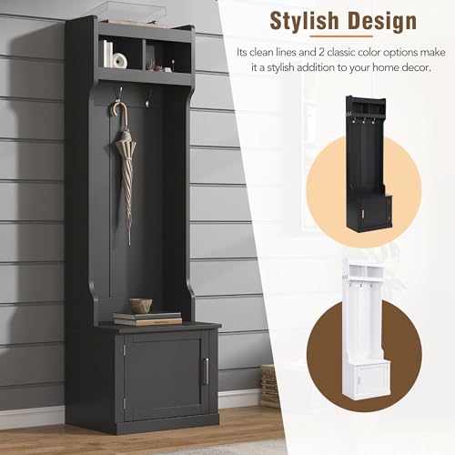 Narrow Hall Tree with Shoe Storage Bench, Mudroom Storage Cabinet with 6 Hanging Hooks, Wooden Storage Bench with Coat Rack, Foyer Cabinet for Hallway, Living room, White