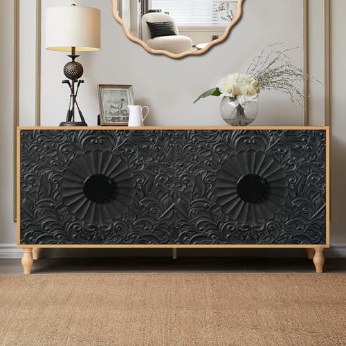 Sideboard Buffet Credenzas for Living Room, 63" Entryway Table with Storage Accent Cabinet, Carved Flowers Doors & Wire Holes