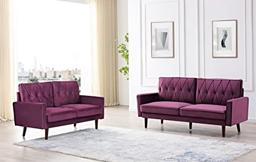 Modern Style Tufted Velvet Couch for Living Room with Soft Fabric Upholstery and Solid Wood Frame, 57.5'' Wide Loveseat, EGGPLANT