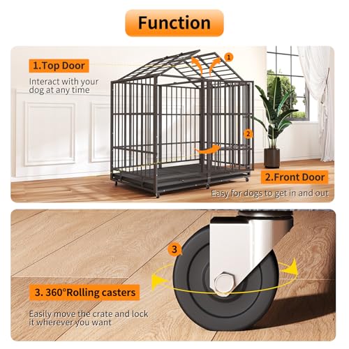 48 Inch Heavy Duty Indestructible Dog Crate Steel Escape Proof, Indoor Double Door High Anxiety Cage, Kennel with Wheels, Removable Tray, Extra Large XL XXL