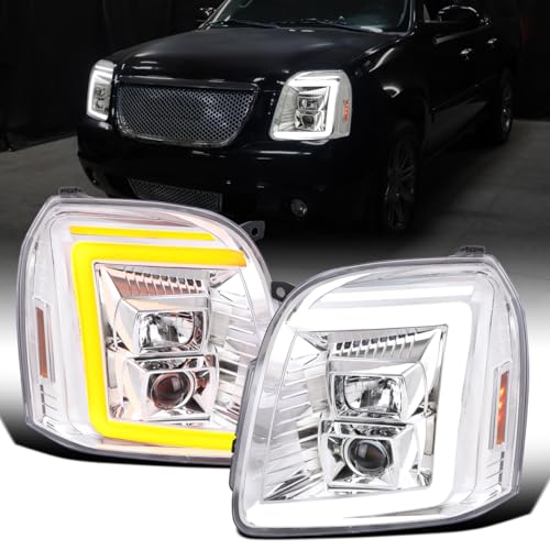 Fits 2007-2014 GMC Yukon XL 1500 2500 Upgraded LED Tube Switchback Sequential Turn Signal Projector Headlights Assembly Pair | Black Smoke