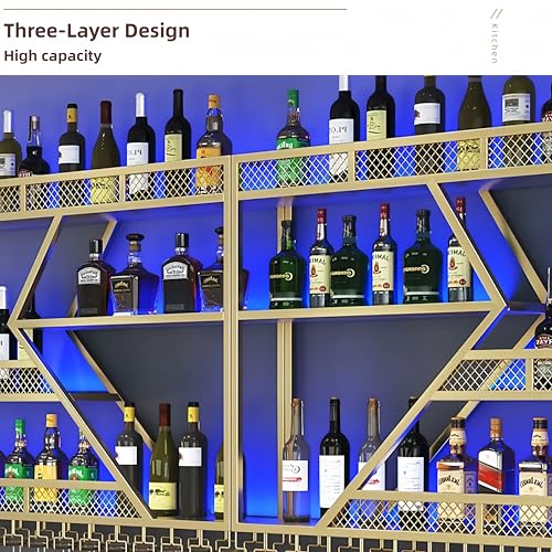 79/94/118" Metal Wine Rack Wall Mounted, Modern Bar Shelves Wall Mounted Wine Rack with LED Light, Liquor Shelf Wall Mounted, Bar Shelves for Liquor Bottles (Black with Blue Led, 71--3 Tier)
