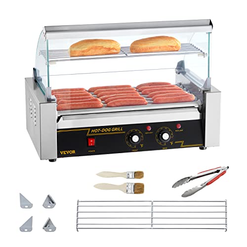 VEVOR Hot Dog Roller, 12 Hot Dog Capacity 5 Rollers, 750W Stainless Steel Cook Warmer Machine with Dual Temp Control, LED Light and Detachable Drip Tray, Sausage Grill Cooker for Kitchen Restaurant