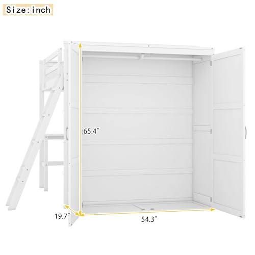 SOFTSEA Twin Size Loft Bed with Built in Desk & Wardrobe, Solid Wood Loft Bed with Storage Cabinet, High Loft Bed Frame with Large Wardrobe for Kids Teens Adults, Grey