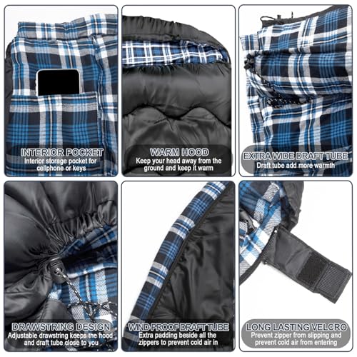 Winter Cotton Flannel Double Sleeping Bag,Queen Size Sleeping Bag for Adults, Cold Weather Waterproof 2 Person Sleeping Bag, Suitable for Couples Family Camping, RV Travel