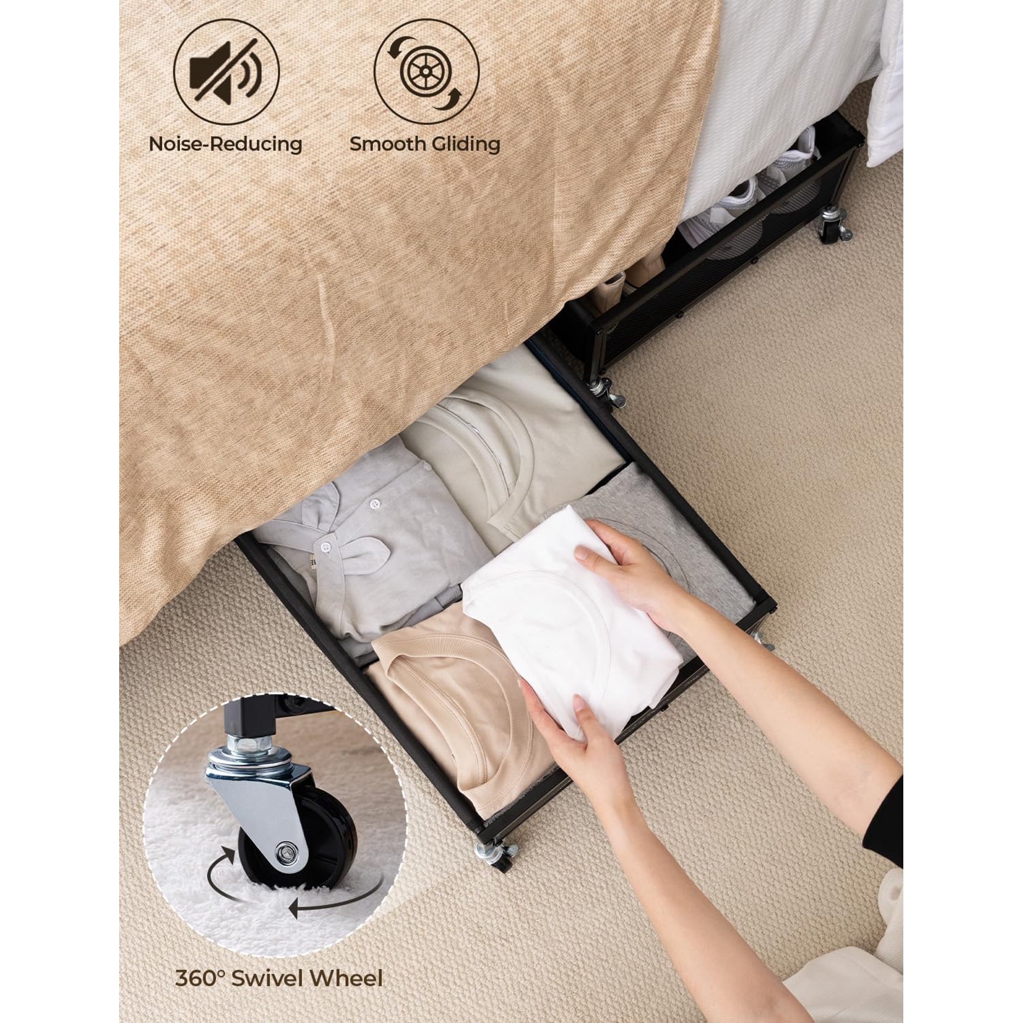 Under Bed Storage with Wheels, 2-Pack Metal Underbed Storage Containers, 80L Closet Organizer Bins for Clothes, Blankets, Sweaters