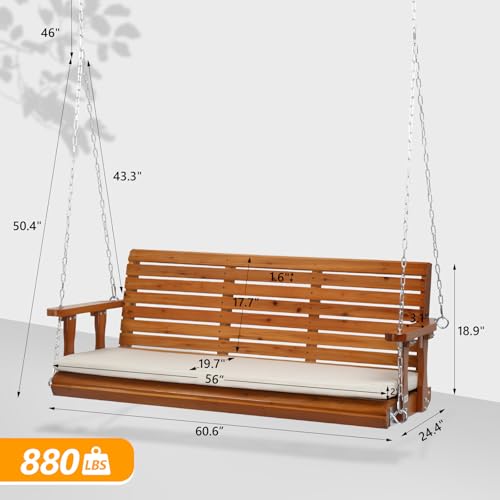 VINGLI Heavy Duty 880 LBS Patio Wooden Porch Swing Outdoor with Extra Cushion, Farmhouse Hanging Bench Tree Swing with Adjustable Chains for Yard | Garden | Lawn | Balcony (5 FT, Rustic)