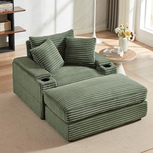 Oversized Chaise Lounge Sofa Chair with Movable Ottoman, 43.3" W Corduroy Upholstered Convertible Sleeper Corner Sofabed with Detachable Seat&Back Cushion for Living Room Office, Grey