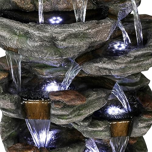 watnature Large Outdoor Water Fountain - 47 1/5” H 9-tier Outdoor Garden Fountain with LED Light, Stone-Liking Natural Looking Resin Waterfall Feature for Patio, Garden, Lawn, House&Office Decor