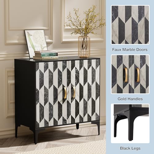 Anbuy Sideboard Buffet 2 Packs Kitchen Storage Cabinet with 4 Faux Marble Doors, Hallway, Liquor/Accent Cabinet with Gold Handles, 27.6 X 15.75X 31.5 Inches, Black