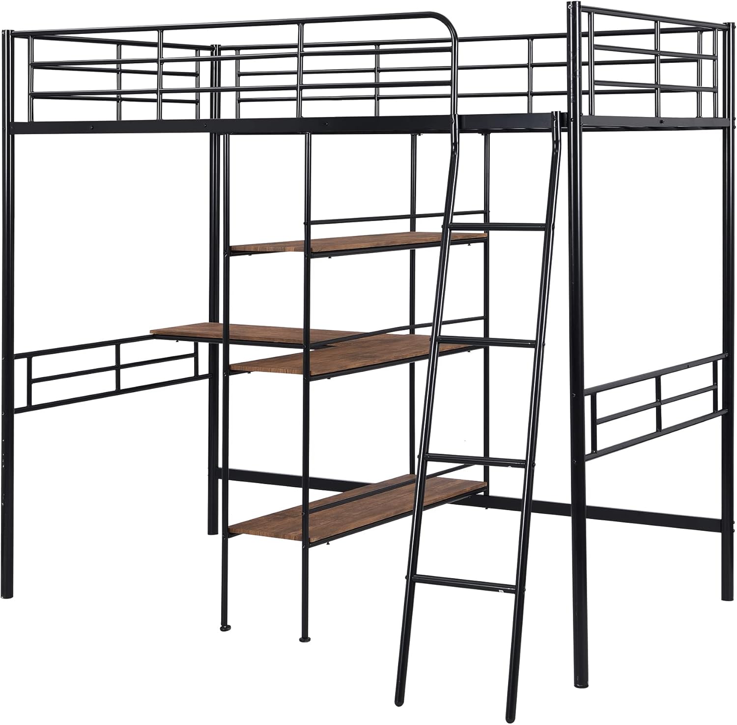 Twin Size Loft Bed with Built-in Desk and Shelves, Metal High LoftBed Frame w/Large Storage Space for Bedroom Guest Room Dorm, Black