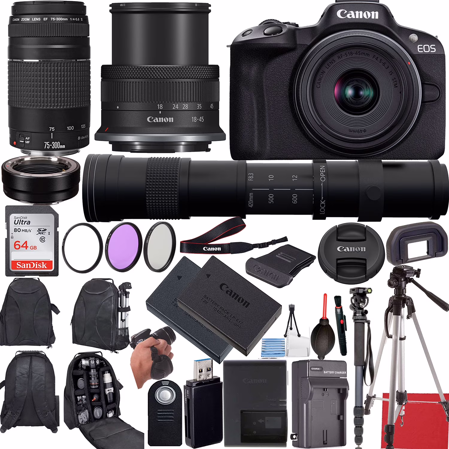Canon EOS R50 Mirrorless Camera with 18-45mm, EF 75-300mm & 420-800mm Lenses + Mount Adapter + 20 Essential Accessories for Content Creators