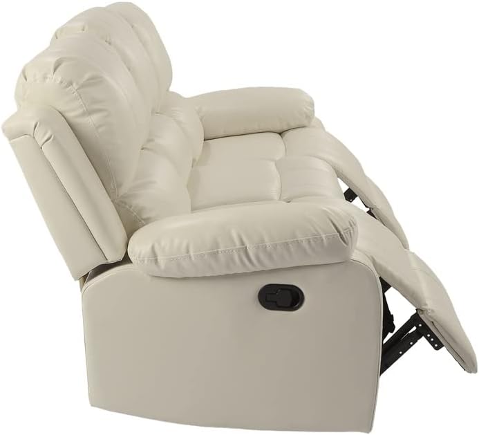 Pannow Double Recliner Loveseat with Console Slate, Double Reclining Sofa with Cup Holder, 3-Seater with Flipped Middle BACKREST Beige Air Leather, Theater Seating Furniture Sofa Bed