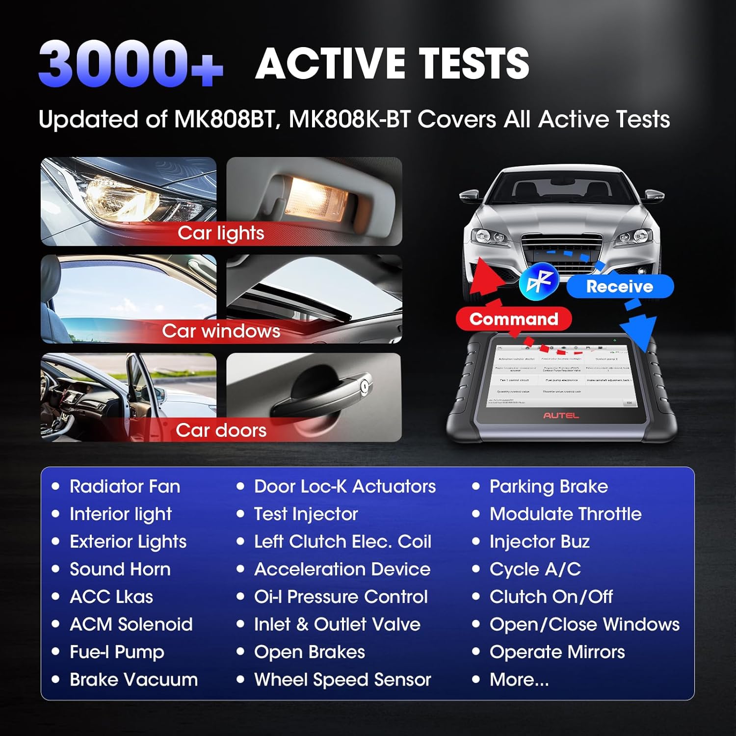 Autel Scanner MaxiCOM MK808K-BT, BT Bidirectional Tool, Updated of MK808BT MK808S MX808S, Active Tests, 28+ Services, All-system Diagnostics, FCA SGW Cars, OS11, Same As MK808BT Pro MK808Z-BT MX900