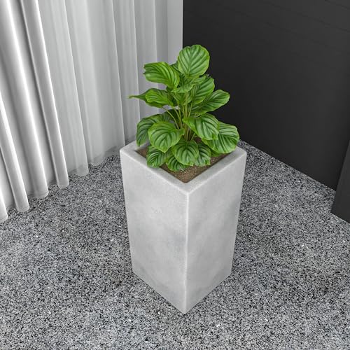 LeisureMod Terra Fiberstone and MGO Clay Planter, Mid-Century Modern Tall Square Planter Pot for Indoor and Outdoor (Dotted White, 24 Inch)