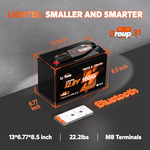 LiTime 12V 100Ah Trolling Motors Lithium Battery, Group 31 Bluetooth LiFePO4 Battery | Low-Temp Protection | 100A BMS | Bluetooth 5.0 | Perfect for Marine, Boat, RV, Home Energy Storage