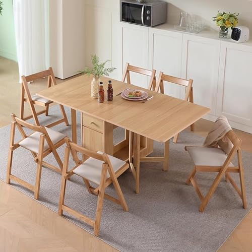 Solid Wood Dining Table Set, Folding Table and Chairs with Storage Drawers and Cabinets, Space Saving, Suitable for Dining Room/Balcony/Narrow Space(with 4 Chairs),A