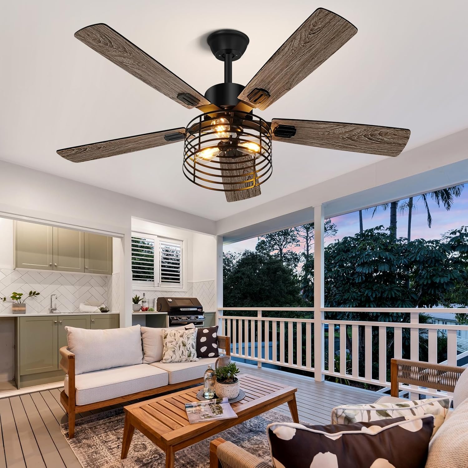 52 Inch Farmhouse Ceiling Fan with Light and Remote,3-Lights Rustic Ceiling Fan with Caged Ceiling Fan,5 Dual Finish Blades,Industrial Black Ceiling Fan for Bedroom, Patio, Living Room