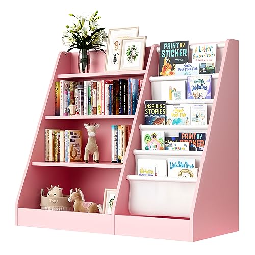 White Kids Bookshelf Wood Toy Storage Organizer Cabinet Children Bookcase Toddler Baby Sling Book Rack 3 Cube Bins Fabric Drawers for Playroom Bedroom Nursery School