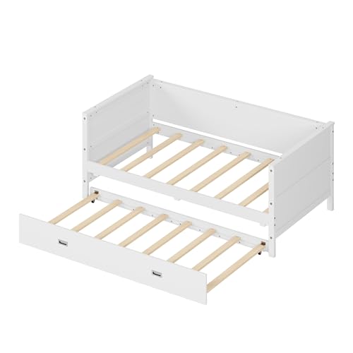 Harper & Bright Designs Twin Size Solid Wood Daybed with Trundle for Kids Teens Dorm Bedroom Multipurpose Guest Room or Home, White