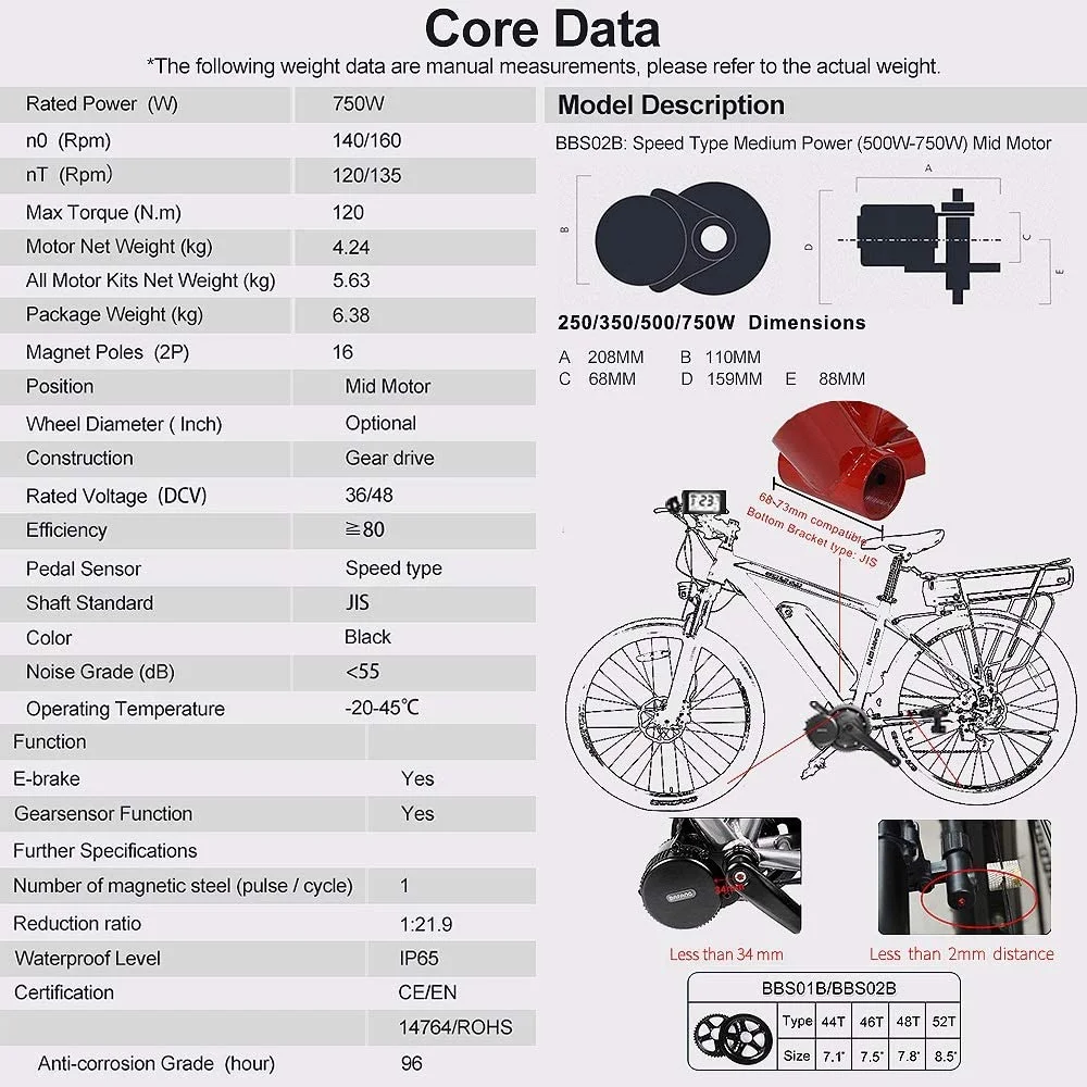 Bafang BBS02B 48V 750W Mid Drive Electric Bike Motor Ebike Conversion Kit Mid Motor for Mountain Bike Road Bike with Optional 48V 11.6Ah / 13Ah / 15Ah / 17.5Ah Battery