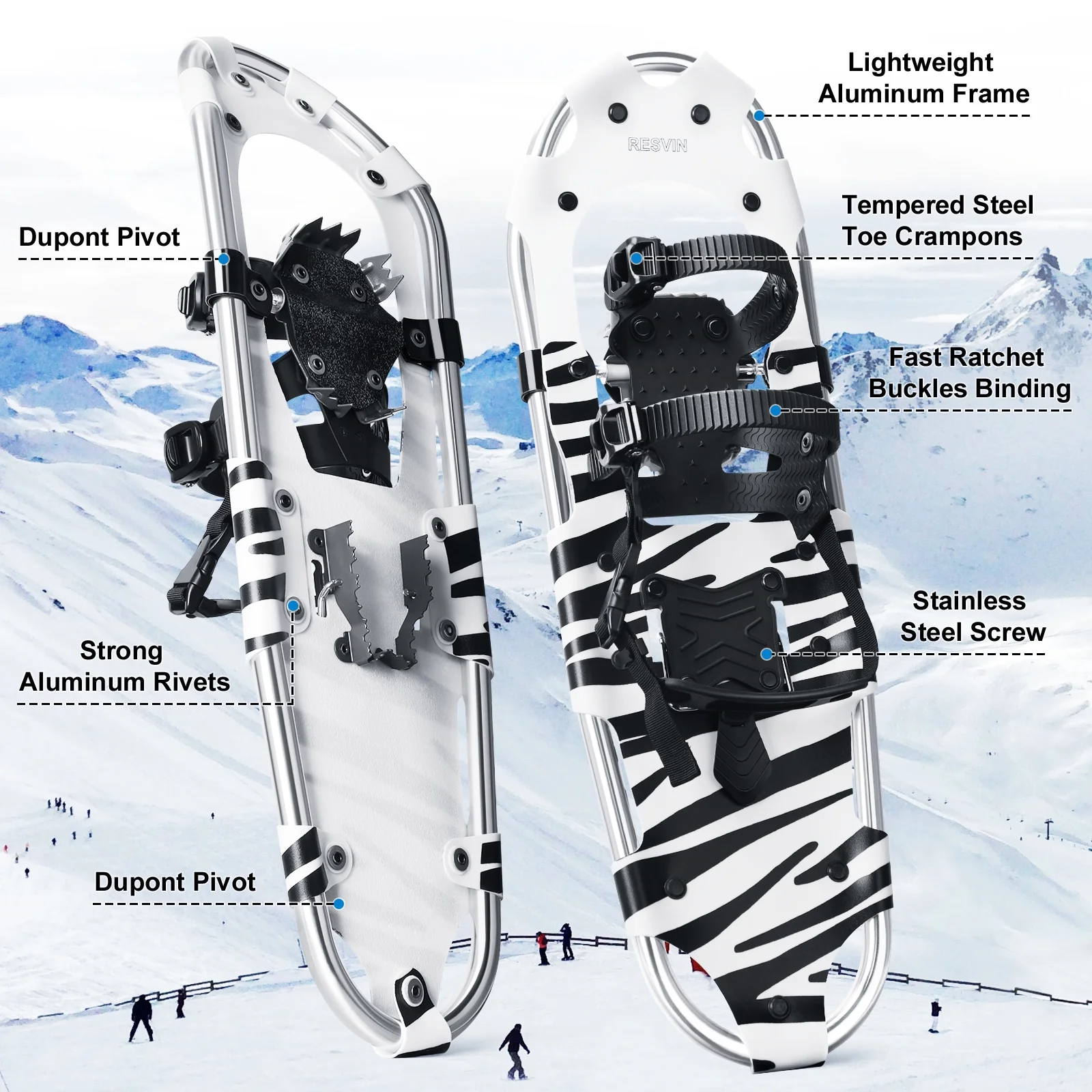 Snowshoes and 25" Snowboards Adjustable Bindings Hiking Trekking Poles Lightweight Zebra pattern Backpacking Aluminum with Carrying Tote Bag for adult