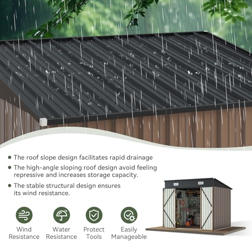 Aoxun 6x3.9 FT Shed with Base Metal Outdoor Storage Shed Garden Shed with Lockable Doors Tool Shed Bike Shed for Backyard, Patio, Poolside (Brown)