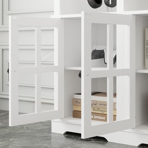 Wall Unit Entertainment Center, TV Wall Units for Living Room with Storage, 102" W Large Farmhouse TV Stand with Glass Doors, Ajustable Bookshelf & Bridge for Bedroom, Grey