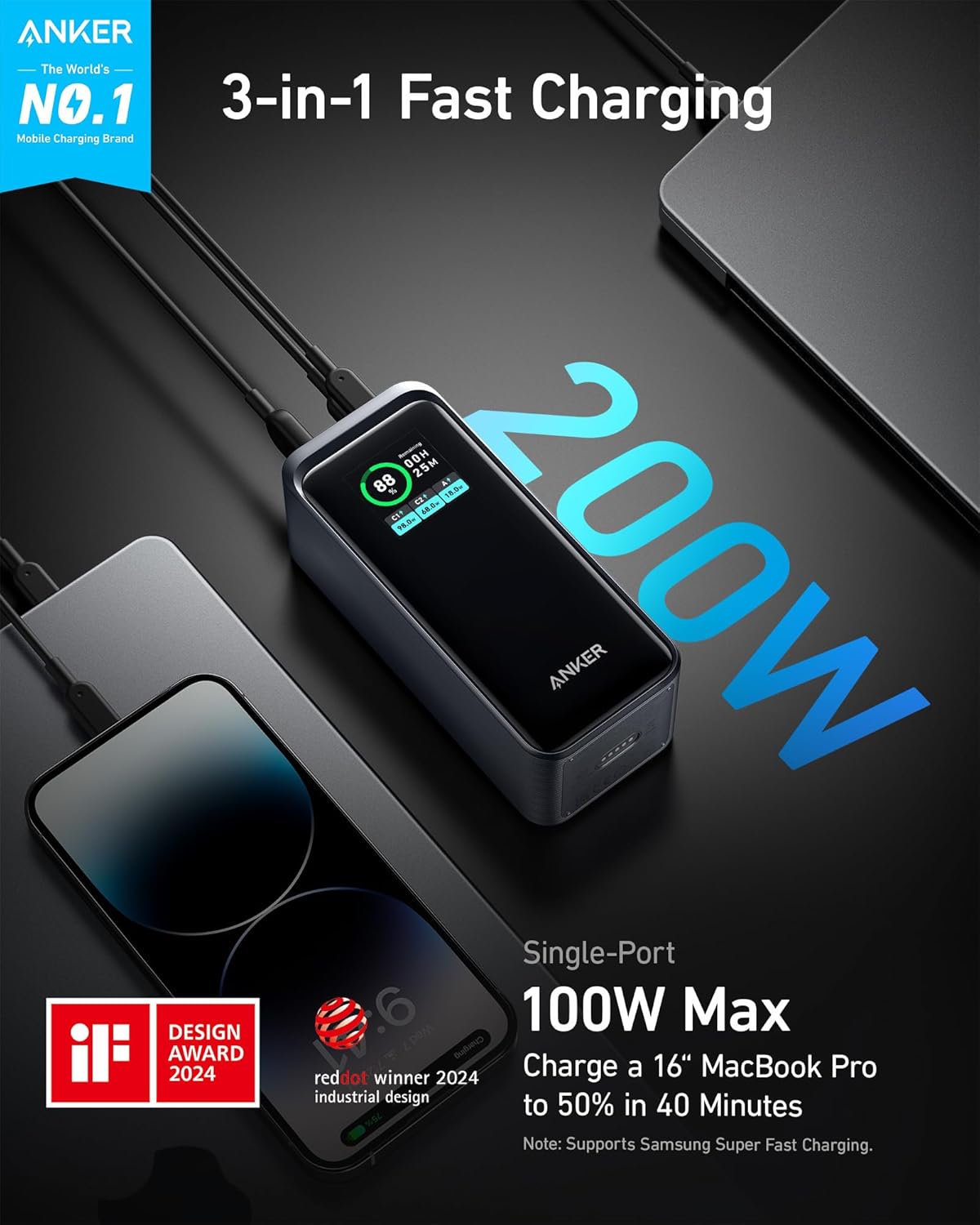 Anker Power Bank, 24,000mAh 3-Port Portable Charger with 140W Output, Smart Digital Display Prime Power Bank 20,000mAh Portable Charger with 200W Output