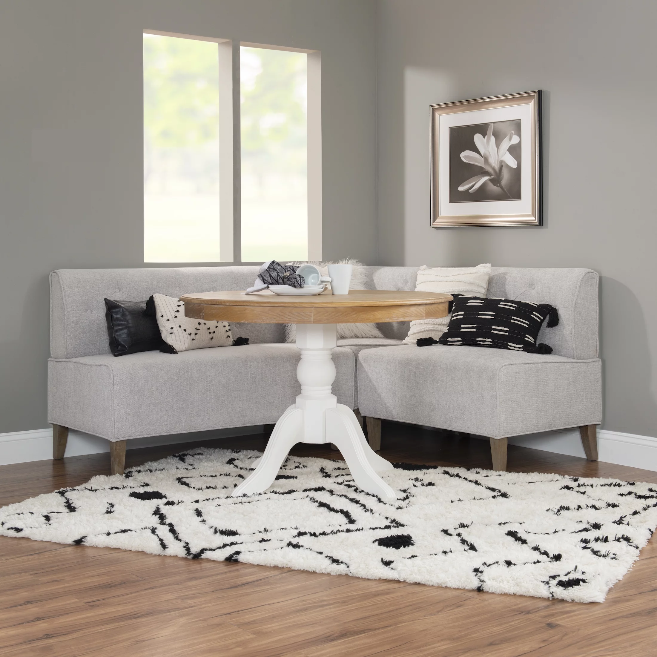 Augusta Upholstered Corner Dining Breakfast Nook, Seats 5, Natural with Light Gray Fabric