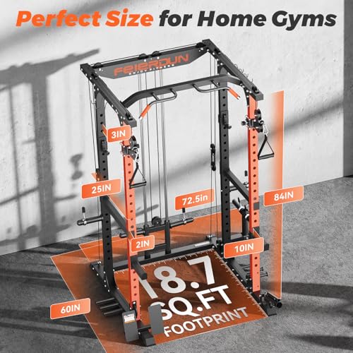 FEIERDUN Multi-Function Squat Rack Power Cage FLA01,2000LBS Capacity Power Rack with Adjustable Cable Crossover System and Additional Attachments, Ideal Weight Cage for Home Gym & Garage Workouts