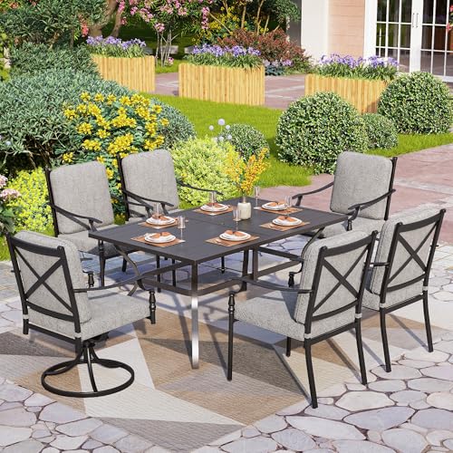 PHI VILLA 7 Pieces Outdoor Dining Set for 6, Rectangular Black Steel Dining Table with Fixed and Swivel Iron Chairs, Large Dining Furniture Set with Cushions for Patio, Deck, Porch, Backyard
