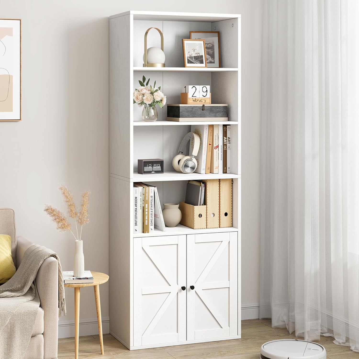 Farmhouse Bookcase with Doors Industrial Bookshelf White Display Storage Shelves 71.4in Tall Bookcases Wooden 6 Shelf Bookshelvels for Bedroom, Living Room, Home Office