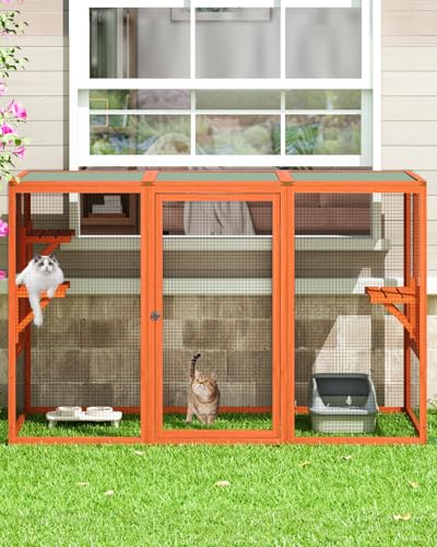 Catio Outdoor Cat Enclosure,71" L Outside Cat House Weatherproof, Wooden Large Catios for Cats Patio, Cat Houses with 3 Platforms,Grey