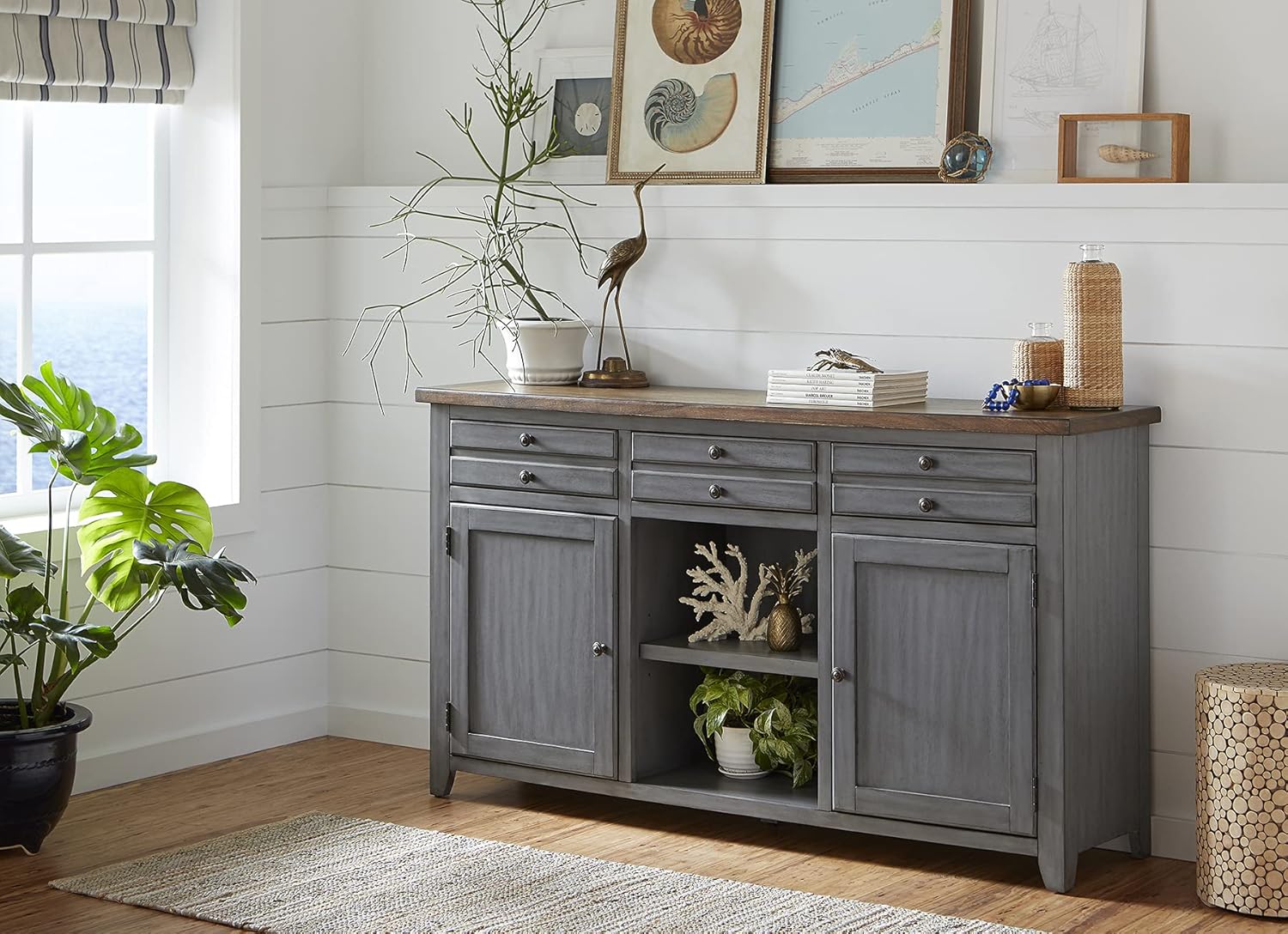 Martin Furniture, Smoky Blue 65" TV Console, Entertainment Stand, Wood Accent Cabinet, Fully Assembled
