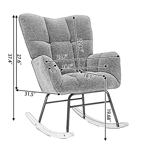 Rocking Chair, Wool Upholstered Glider Rocker with High Backrest, Padded Seat and Curved Legs for Living Room Bedroom Offices, Ergonomic Tufted Armchair Mid Century Style, Ivory White