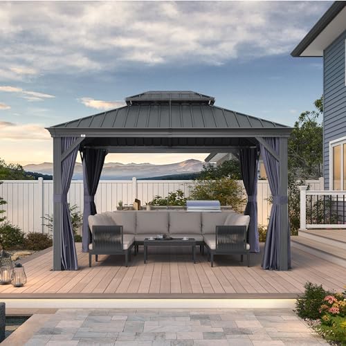 PURPLE LEAF 10' X 14' Permanent Hardtop Gazebo Aluminum Gazebo with Galvanized Steel Double Roof for Patio Lawn and Garden, Curtains and Netting Included, Grey